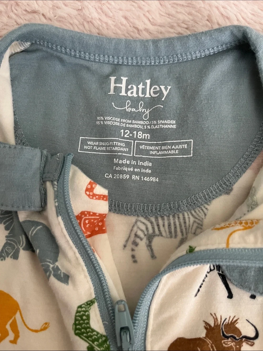 Hatley White Footed Pajama Set with Blue Trim and Multi-Color Safari Animals